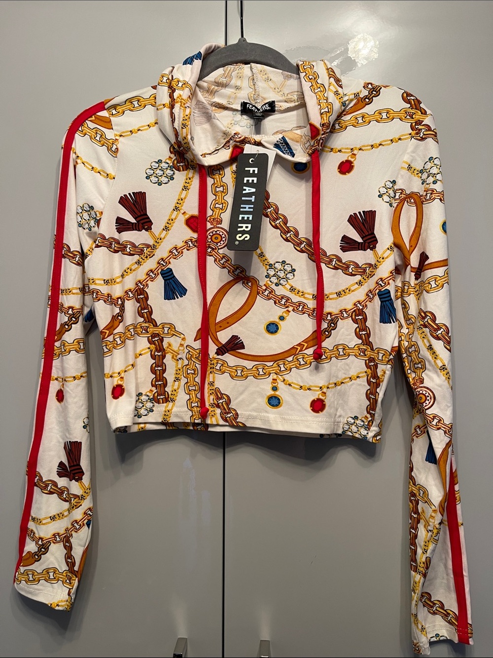feathers Chain & Jewel Cropped Hoodie in White, Gold, Red, Blue